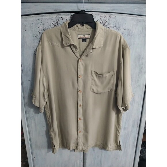 Tommy Bahama 100% Silk Mens Collared Button Down Shirt Large Beige - Picture 1 of 8